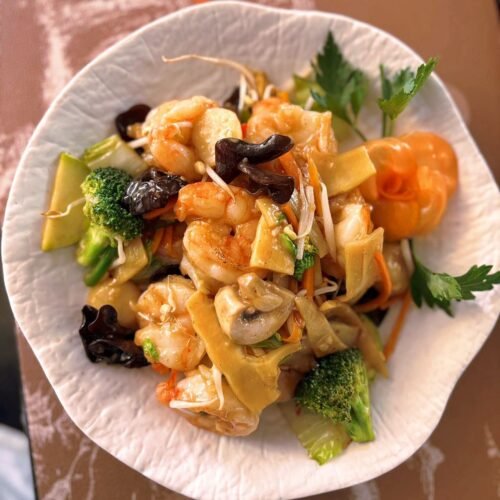 054 Gebratenes Mischgemüse mit Shrimps